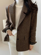Aurohaya Women's Chevron Wool Blazer with Pockets Oversized Cuffs Chic Casual Office Coat